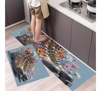 HASLEFND Juego de 2 Alfombras de Cocina Antideslizantes, Alfombras Estilo Creativo Retro Botas de Senderismo Daisy Lavables para Pasillo, Comedor y Entrada, 45x75+45x150cm, Azul Claro