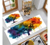 HASLEFND Juego de 2 Alfombras de Cocina Antideslizantes, Alfombras Estilo de Salpicaduras de Grafiti Árboles Coloridos Lavables para Pasillo, Comedor y Entrada, 45x75+45x150cm, Amarillo Azul