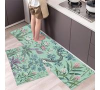 HASLEFND Juego de 2 Alfombras de Cocina Antideslizantes, Alfombras Flores Tropicales Flores del Banano Lavables para Pasillo, Comedor y Entrada, 45x75+45x150cm,Verde Menta