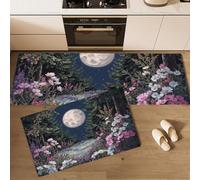 HASLEFND Juego de 2 Alfombras de Cocina Antideslizantes, Alfombras Paisaje Pintado al óleo Flores Silvestres, Bosque, Luna Llena Lavables para Pasillo, Comedor y Entrada, 40x60+40x120cm,Azul Oscuro