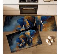 HASLEFND Juego de Alfombras de Estilo de Arte fantástico Cocina Antideslizante y Lavable, Juego de Alfombras de Cocina de Elefanta Africana Madre y cría, 50x80+50x150cm de Alfombra de Escritorio