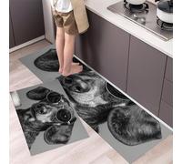 HASLEFND Juego de Alfombras de Estilo de fotografía Animal Cocina Antideslizante y Lavable, Juego de Alfombras de Cocina de Perro Salchicha con Gafas de Sol, 50x80+50x150cm de Alfombra de Escritorio