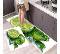 HASLEFND Juego de Alfombras de Estilo frutal Minimalista Cocina Antideslizante y Lavable, Juego de Alfombras de Cocina de Limón con Gotas de Agua, 50x80+50x150cm de Alfombra de Escritorio