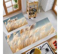 HASLEFND Juegos de Alfombras de Cocina 2 Piezas Antideslizante Alfombra de Cocina Realismo Natural Cañas Que se mecen Lavable Alfombrillas de pie para Cocinas Dormitorio Salón, Beige 45x75+45x150cm