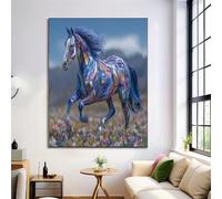 HASLEFND Pintura al Arte abstracto Azul, cuadro artístico de pared de Caballos corriendo en el campo de flores para sala de estar, lienzo, póster de arte moderno,60 x 90 cm sin marco