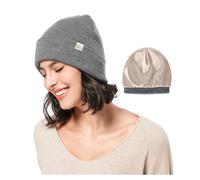 Hat Hut Gorro con forro de satén para mujeres y hombres, sombreros de invierno para mujer, forro de seda, gorro de esquí, gorro cálido unisex con puños, Gris Caliente, talla única