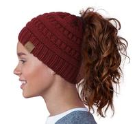 Hat Hut Gorro de invierno con forro de satén para mujer, con forro de seda, para cabello rizado, cola de caballo, gorro de punto de calavera, Rojo vino, Talla única