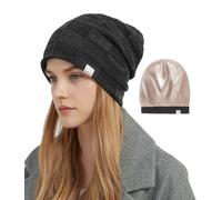 Hat Hut - Gorro de invierno con forro de satén para mujer, gorro de invierno con forro de seda, gorro holgado para mujer y hombre, sombreros de esquí suaves y cálidos, unisex, Negro, Talla única