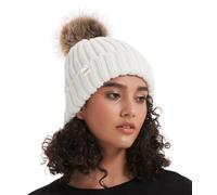 Hat Hut Gorros de invierno para mujer, con forro de satén, gorro de punto para esquí, gorro de invierno para mujer, gorro de pompón, A8 - blanco , Talla única