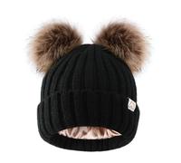 Hat Hut Gorros de invierno para mujer, con forro de satén, gorro de punto para esquí, gorro de invierno para mujer, gorro de pompón, B2-negro 2 pompones marrones, Talla única