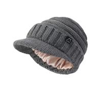 Hat Hut Gorros para mujeres y hombres, sombreros de invierno con forro de satén para mujer, gorros holgados, gorro forrado de satén con visera de ala, Gris Caliente, talla única