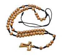 Hattba Collar de cuentas de rosario de madera de longitud ajustable con colgante de cruces huecas, oración católica, joyería devocional