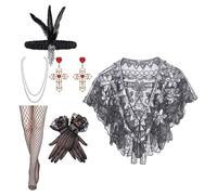 Hattba Juego completo de accesorios 6 en 1 de los años 20 con chal de lentejuelas y juego de joyas para celebraciones de los años veinte y chal de noche con lentejuelas, Negro y plateado., Talla única