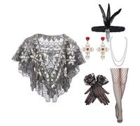 Hattba Juego completo de accesorios 6 en 1 de los años 20 con chal de lentejuelas y juego de joyas para celebraciones de los años veinte y chal de noche con lentejuelas, Oro negro., Talla única