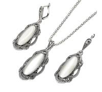 Hattba Juego de collar y pendientes de piedra de ópalo, accesorio de joyería de plata tibetana vintage para mujer con cristales elegantes, 4.9cm/1.93inch, Metal