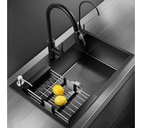 HaTur Fregadero de Cocina 1 Seno de Acero Inoxidable 60 * 45 cm Fregaderos con 1 cuenco Lavabo de Un Solo Tazón con accesorios (Negro)