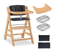 hauck Alpha Move Set de Trona Evolutiva Madera con Bandeja - Cojín y 2 Platos de Silicona - Silla Comedor Infantil con Ruedas - Apta desde Aprox 6 Meses - Natur/Gris