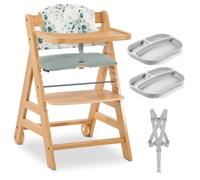hauck Alpha Plus Move Set de Tronas de Bebe de Madera con Bandeja - Cojín y 2 Platos de Silicona - Silla Evolutiva con Ruedas - Natur/Leaves Mint