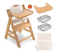 hauck Alpha Plus Move Set de Tronas de Bebe de Madera con Bandeja - Cojín y 2 Platos de Silicona - Silla Evolutiva con Ruedas - Natur/Beige