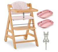 hauck Alpha Plus Move Set de Tronas de Bebe de Madera con Bandeja - Cojín y 2 Platos de Silicona - Silla Evolutiva con Ruedas - Natur/Flowers Rose