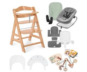 hauck Alpha+ Start N Grow Set - Tronas de Bebé de Madera desde el Nacimiento hasta 90 kg - Incluye Hamaca 3 en 1 con Funda de Muselina, Reductor, Cojín, Bandeja y Juego con 3 Actividades - Gris