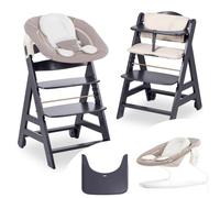 hauck Beta Plus Trona Bebé Newborn Set con Bouncer 2in1 - Gris Oscuro | Trona evolutiva de madera con ruedas desde 0 meses | incl. hamaca bebé, cojín 2 piezas y bandeja