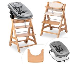 hauck Trona de Madera Evolutiva Beta Plus Newborn Set 3in1 Highchair Bouncer - Silla Alta Bebé desde el Nacimiento - con Hamaca para Recién Nacidos Bandeja y Cojín - Natural