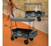 Hauki Carro de Mano Plegable con Techo Gris Carreta de Transporte Carro de Equipamento Incluye 2 Bolsillos de Malla, 1x Bolsa Exterior Carretilla Jardín hasta 80kg con Freno en Las Ruedas Delanteras