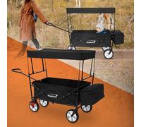 Hauki Carro de Mano Plegable con Techo, Negro, Transporte de hasta 80 kg para Niños o de Equipamiento incl. 2 Bolsillos de Malla y 1 Bolsa Exterior, Remolque con Freno en Rueda Delantera para Exterior