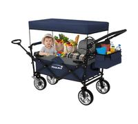 Hauki Carro de Mano Plegable con Toldo para la Playa, Azul-Gris, Transporte de hasta 120 kg para Niños o de Equipamiento Incl. 2 Bolsillos de Malla y 1 Bolsa Exterior, Remolque con Freno en Rueda