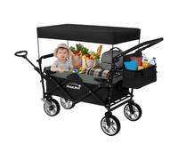 Hauki Carro de Mano Plegable con Toldo para la Playa, Negro-Gris, Transporte de hasta 120 kg para Niños o de Equipamiento Incl. 2 Bolsillos de Malla y 1 Bolsa Exterior, Remolque con Freno en Rueda