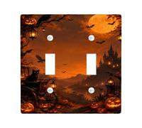 Haunted Castle - Placa de cubierta de interruptor de luz doble con escena | Paisaje gótico de castillo, linternas, murciélagos voladores, silueta de gato, atmósfera otoñal, decoración espeluznante para