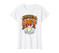 Haunted & Hot Spooky Season House Tema de Halloween Fantasmal Camiseta gráfica económica, Mujer, Blanco, L