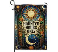 Haunted Hours Only - Bandera de jardín con cita de Halloween de 12 x 18 | Estilo de vidrieras, bandera de césped, linternas de Jack-o'-lanterns, motivos celestiales, tipografía gótica