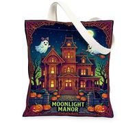 Haunted House - Bolsa de lona con diseño de calabazas fantasmas espeluznantes para Halloween, violeta, bolsa de 13 x 15 pulgadas, Púrpura, 13x15 Inch