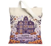 Haunted House - Bolsa de lona con diseño de calabazas fantasmas espeluznantes y juguetonas para Halloween, color violeta, 13 x 15 pulgadas, Púrpura, 13x15 Inch