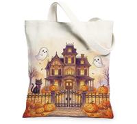 Haunted House - Bolsa de lona con diseño de calabazas fantasmas festivas, Halloween, naranja, mercado, 33 x 38 cm, Naranja, 13x15 Inch