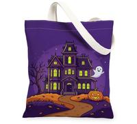 Haunted House - Bolsa de lona de dibujos animados fantasmas calabazas, Halloween, violeta, pequeña, 13 x 15 pulgadas, Púrpura, 13x15 Inch