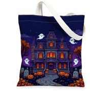 Haunted House - Bolsa de lona de fantasmas espeluznantes, calabazas, Halloween, violeta, mercado, 13 x 15 pulgadas, Púrpura, 13x15 Inch