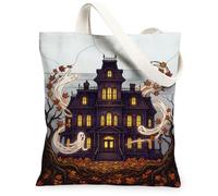 Haunted House - Bolsa de lona de fantasmas espeluznantes, hojas de Halloween, color violeta, bolsas pequeñas de 13 x 15 pulgadas, Púrpura, 13x15 Inch