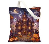 Haunted House - Bolsa de lona de fantasmas festivos, calabazas, Halloween, naranja, bolsas de comestibles, 33 x 38 cm, Naranja, 13x15 Inch