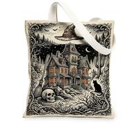 Haunted House - Bolsa de lona para la compra, diseño gótico de calavera, gato, Halloween, color negro, 33 x 38 cm, Negro, 13x15 Inch