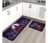 Haunted House - Juego de 2 alfombras de cocina, diseño gótico de luna de Halloween, violeta, suave, lavable, para fregadero, lavandería, entrada, pasillo