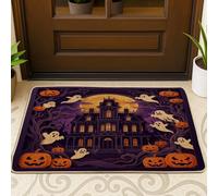 Haunted House - Tapete de bienvenida para puerta de bienvenida con fantasmas y calabazas espeluznantes para Halloween, color violeta, antideslizante, para decoración del hogar, entrada, porche al aire