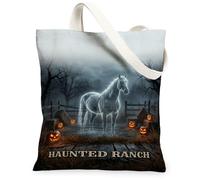 Haunted Ranch Ghost Horse - Bolsa de lona para Halloween, 13 x 15 pulgadas | Imágenes espectrales de caballo, tema gótico de rancho, ambiente de cosecha de otoño, detalles de Jack-o-Lantern