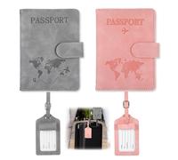 Hauojaus Reisepasshülle Passport Holder mit Kofferanhänger Pass Hülle 11x15cm/4.33x5.91inch PU-Leder RFID -Blocker für Reisedokumente, Gris+rosa, 11x15cm/4.33x5.91inch, Clásico