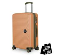 HAUPTSTADTKOFFER Mitte - Maleta Mediana rígida 68 cm Extensible, Maleta para Bodega, Cerradura TSA, 4 Ruedas Dobles, Trolley de Viaje, 88 L + Etiqueta Digital para Equipaje, Albaricoque