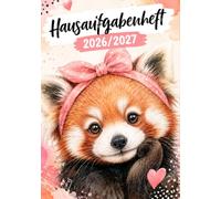 Hausaufgabenheft 2026/2027 für Mädchen, Grundschule | DIN A5, mit Datum: Schülerkalender für die 1. bis 4. Klasse - Schulplaner mit Stundenplan, ... und Notenübersicht | roter panda-Motiv Nr. 03