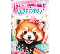 Hausaufgabenheft 2026/2027 für Mädchen, Grundschule | DIN A5, mit Datum: Schülerkalender für die 1. bis 4. Klasse - Schulplaner mit Stundenplan, ... und Notenübersicht | roter panda-Motiv Nr. 02