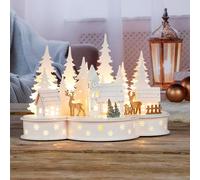 Haushalt International Ciudad navideña 3D de madera con iluminación LED - Pueblo navideño con 10 ledes de luz blanca cálida funciona con pilas, perfecto como decoración de Navidad, decoración de mesa